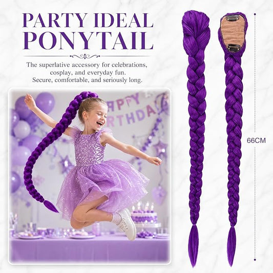 26 Inch Purple Braided Wig for Women and Girls, Long Synthetic Hair Extension with Clip-On Fastening for Anime Cosplay, Halloween, Kpop Style, Carnival and Costume Parties