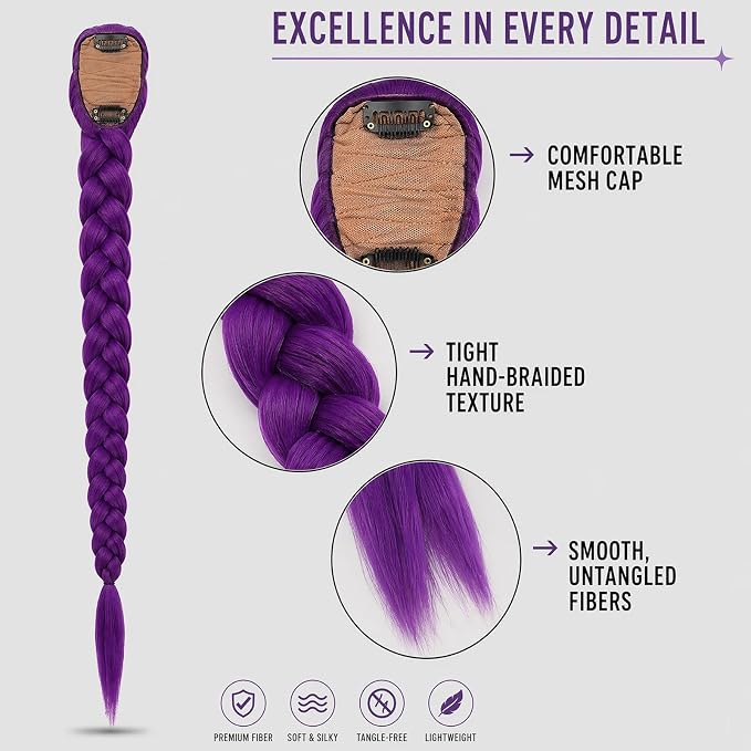 26 Inch Purple Braided Wig for Women and Girls, Long Synthetic Hair Extension with Clip-On Fastening for Anime Cosplay, Halloween, Kpop Style, Carnival and Costume Parties