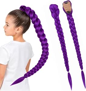 26 Inch Purple Braided Wig for Women and Girls, Long Synthetic Hair Extension with Clip-On Fastening for Anime Cosplay, Halloween, Kpop Style, Carnival and Costume Parties