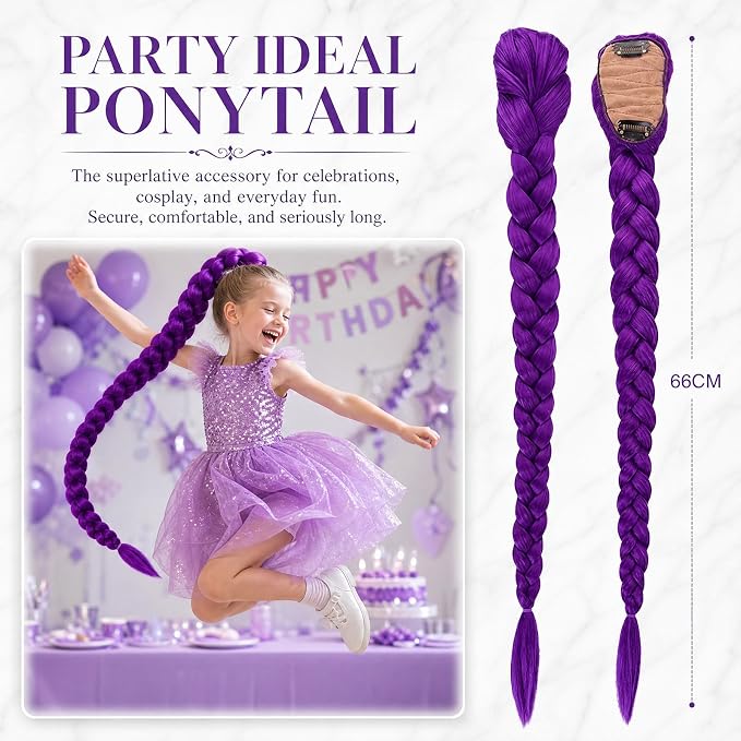 26 Inch Purple Braided Wig for Women and Girls, Long Synthetic Hair Extension with Clip-On Fastening for Anime Cosplay, Halloween, Kpop Style, Carnival and Costume Parties