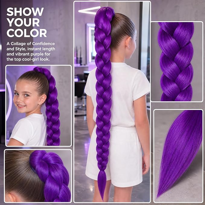 26 Inch Purple Braided Wig for Women and Girls, Long Synthetic Hair Extension with Clip-On Fastening for Anime Cosplay, Halloween, Kpop Style, Carnival and Costume Parties