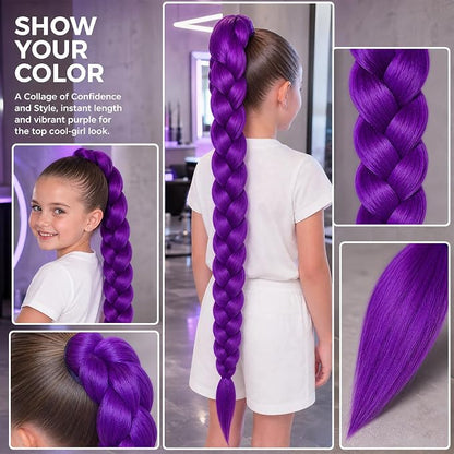 26 Inch Purple Braided Wig for Women and Girls, Long Synthetic Hair Extension with Clip-On Fastening for Anime Cosplay, Halloween, Kpop Style, Carnival and Costume Parties