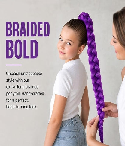 26 Inch Purple Braided Wig for Women and Girls, Long Synthetic Hair Extension with Clip-On Fastening for Anime Cosplay, Halloween, Kpop Style, Carnival and Costume Parties
