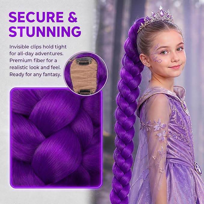 26 Inch Purple Braided Wig for Women and Girls, Long Synthetic Hair Extension with Clip-On Fastening for Anime Cosplay, Halloween, Kpop Style, Carnival and Costume Parties